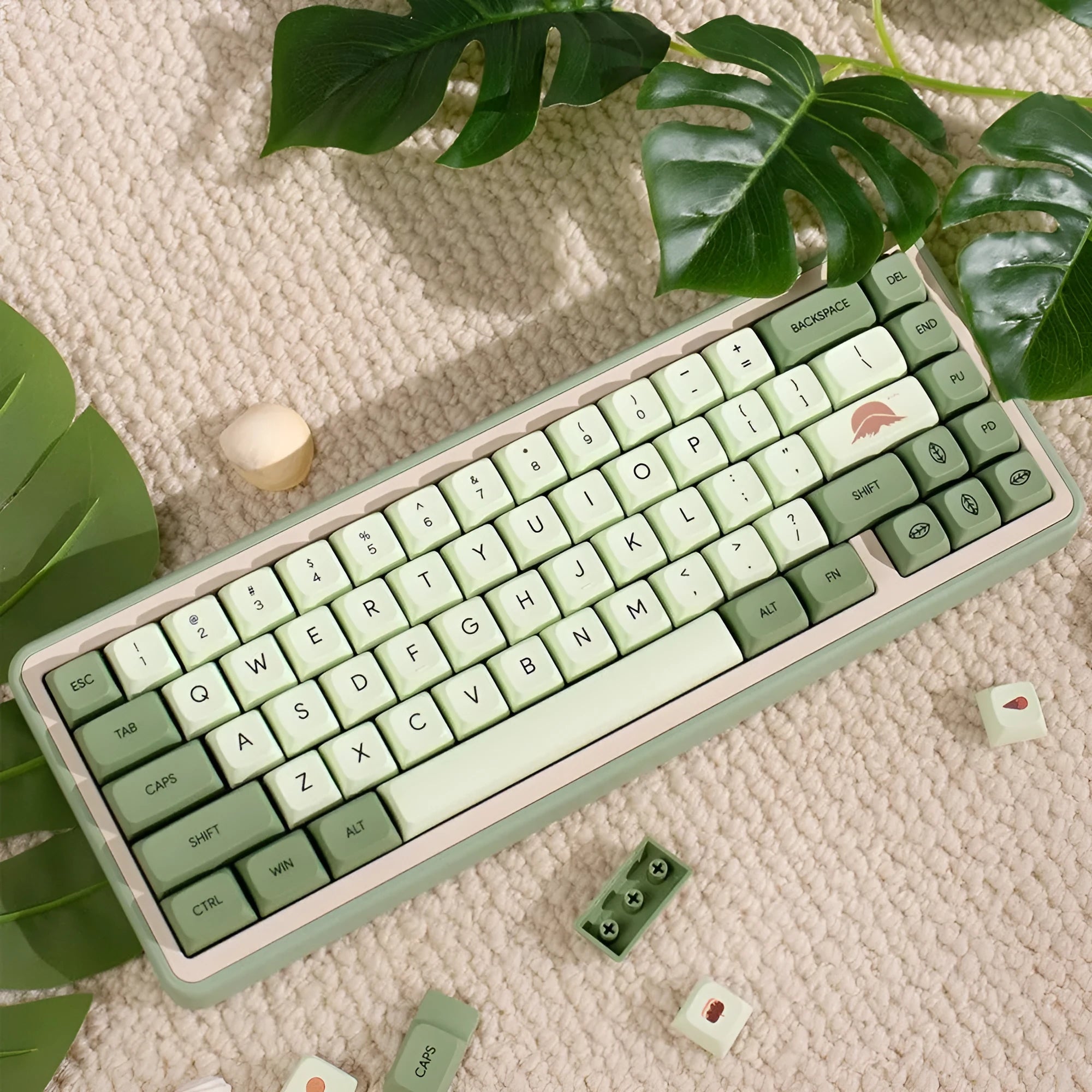 124 PBT keycaps with matcha green colour and white doubleshot legends for mechanical keyboards.