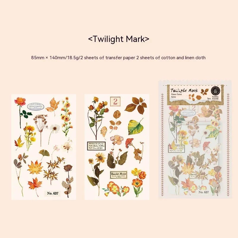 Huazhisen forest art deco sticker pack showing six 85x180mm designs with transfer paper and cotton linen sheets