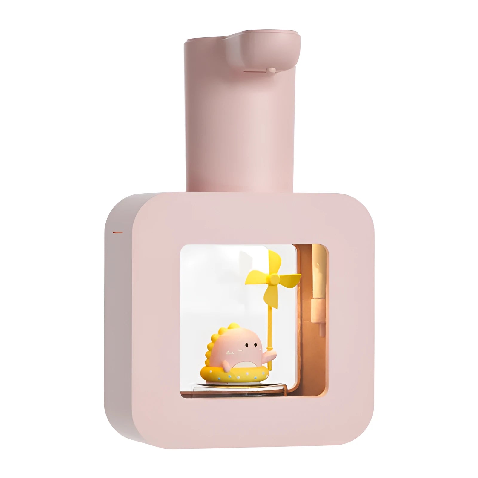 Pink automatic soap dispenser with cartoon unicorn design for children's handwashing