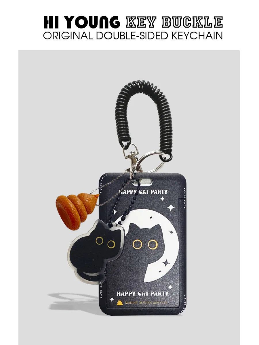 Cartoon black cat plastic card sleeve holder with ferrule pendant for transit and student cards
