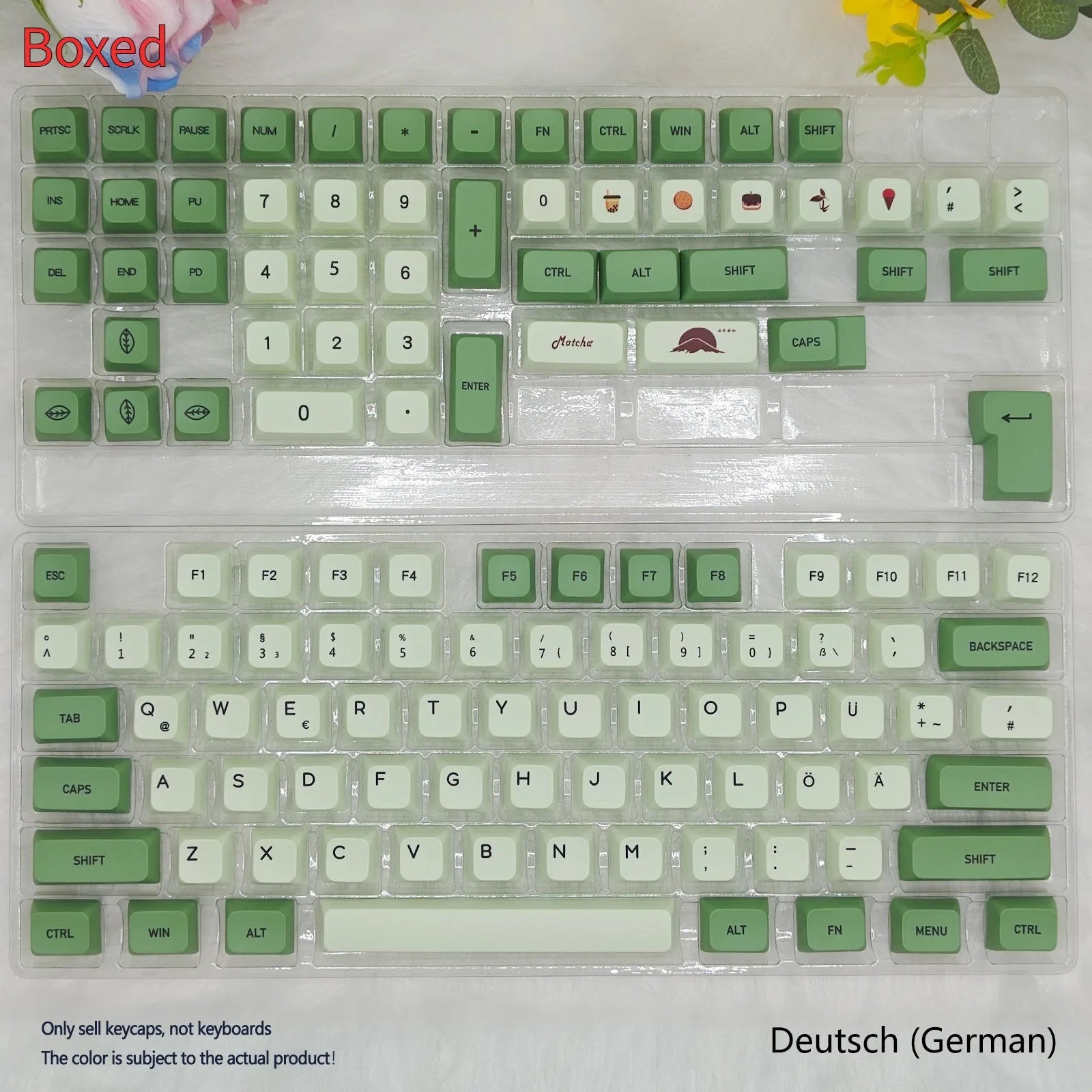124 PBT keycaps with matcha green colour and white doubleshot legends for mechanical keyboards.