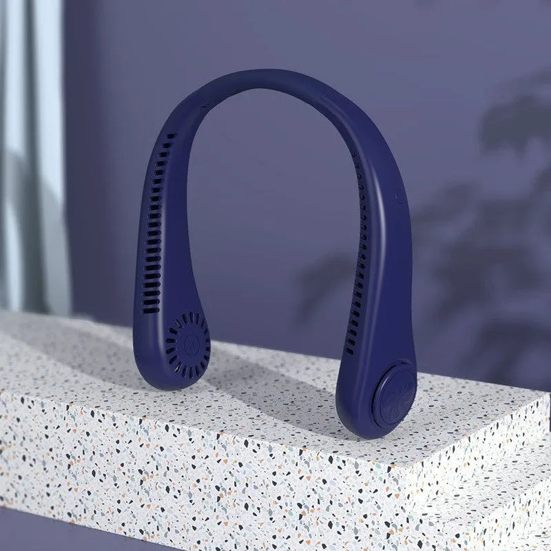 Pink bladeless neck fan with USB charging port and flexible neckband