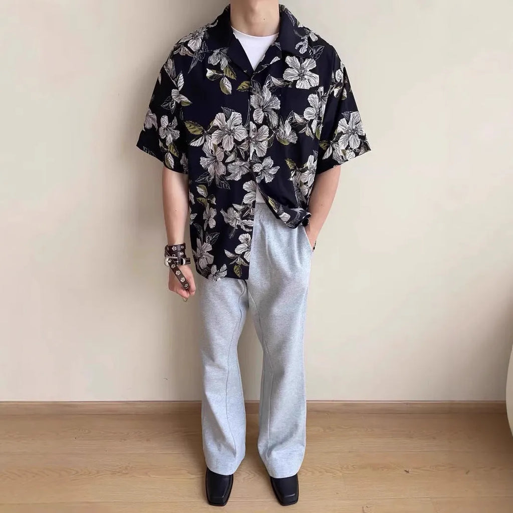 Black men's vintage Cuban collar ice silk shirt with floral print and short sleeves