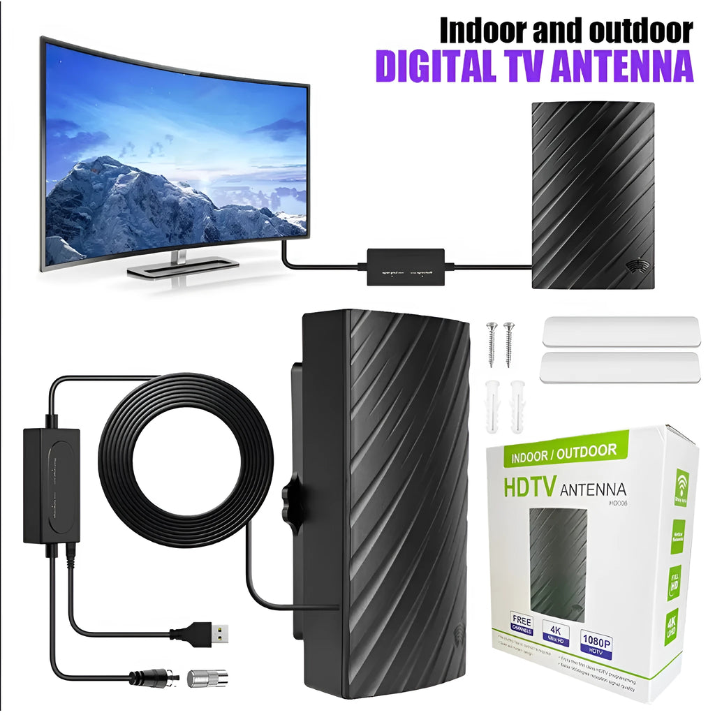 Black plastic digital television antenna with coaxial connection and mounting accessories