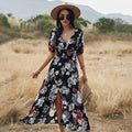 Floral print women's beach dress with V neck and elastic waist in yellow colour