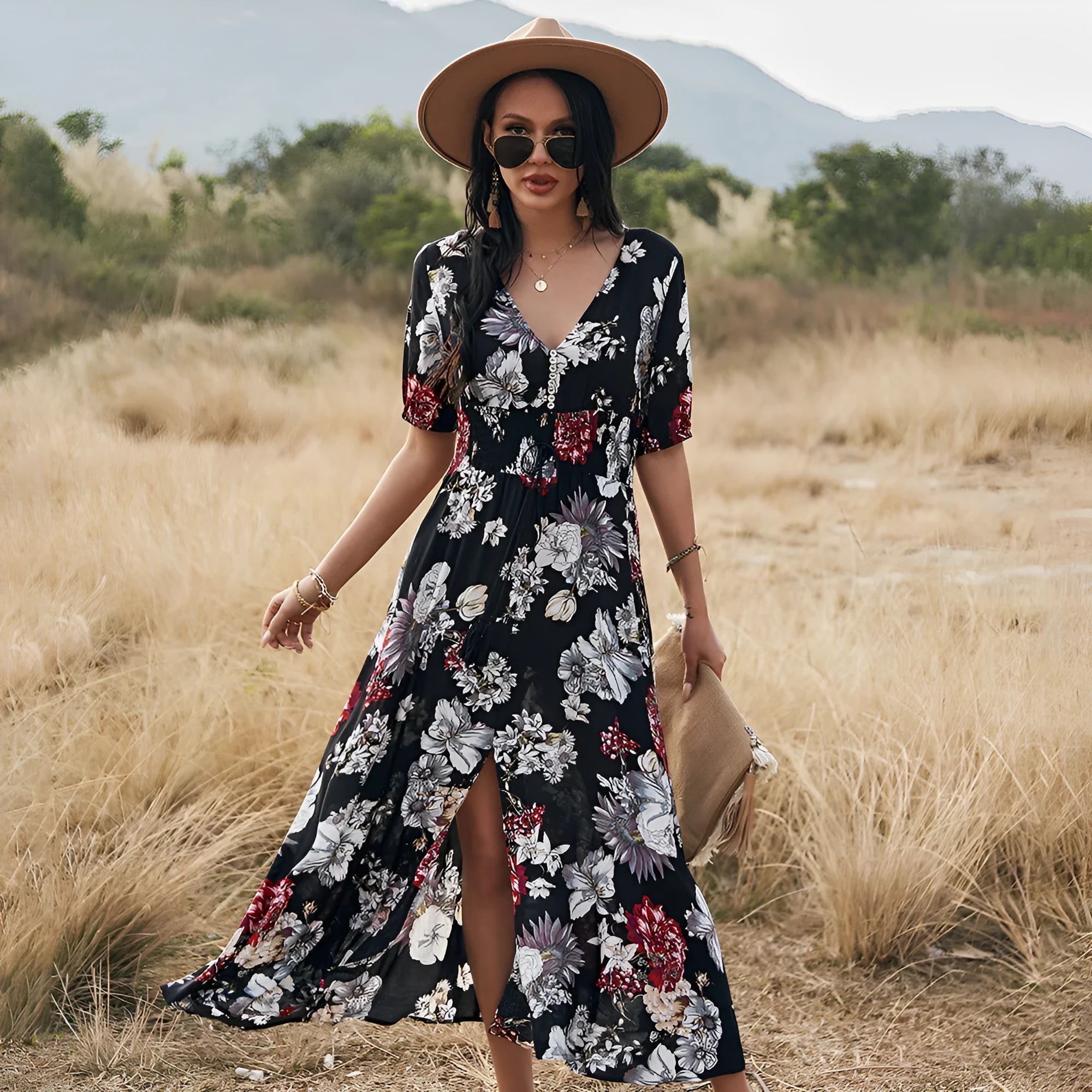 Floral print women's beach dress with V neck and elastic waist in yellow colour