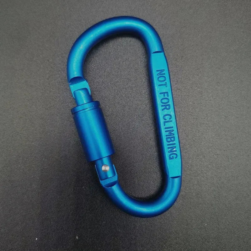 Aluminium D-shaped locking climbing carabiner with a flat 8cm design shown in silver.