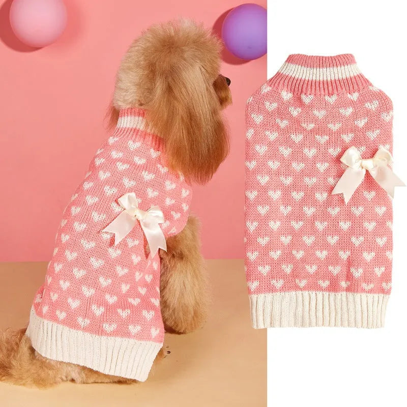Red love heart and pink bow design on an acrylic dog sweater for small to large pets.