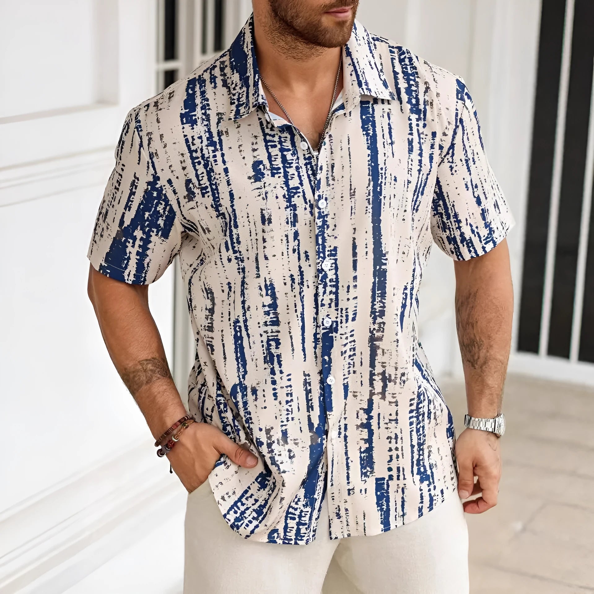 Men's short sleeve casual shirt with digital printed 3D stripes in lightweight anti-wrinkle polyester fabric