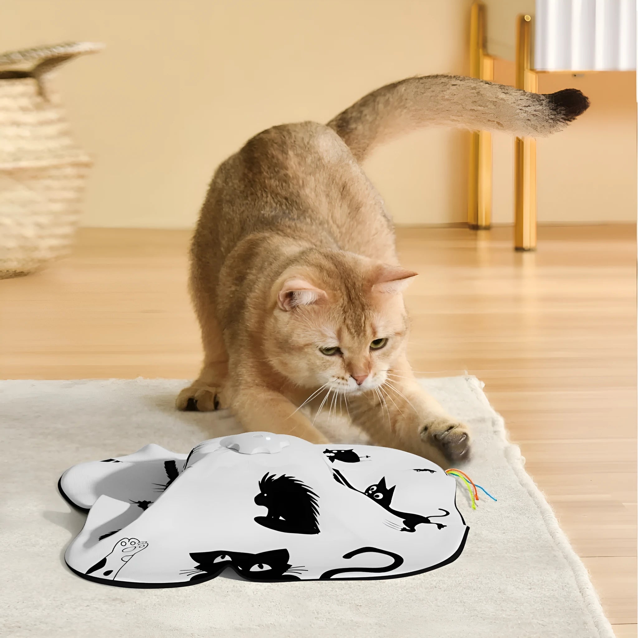 Plastic cat teaser wand toy in picture colour, dimensions 19.8cm x 11.5cm x 19.5cm.