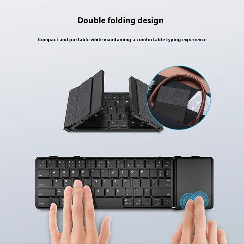 Black folding Bluetooth keyboard with either touchpad or digital board accessory for mobile phones and tablets