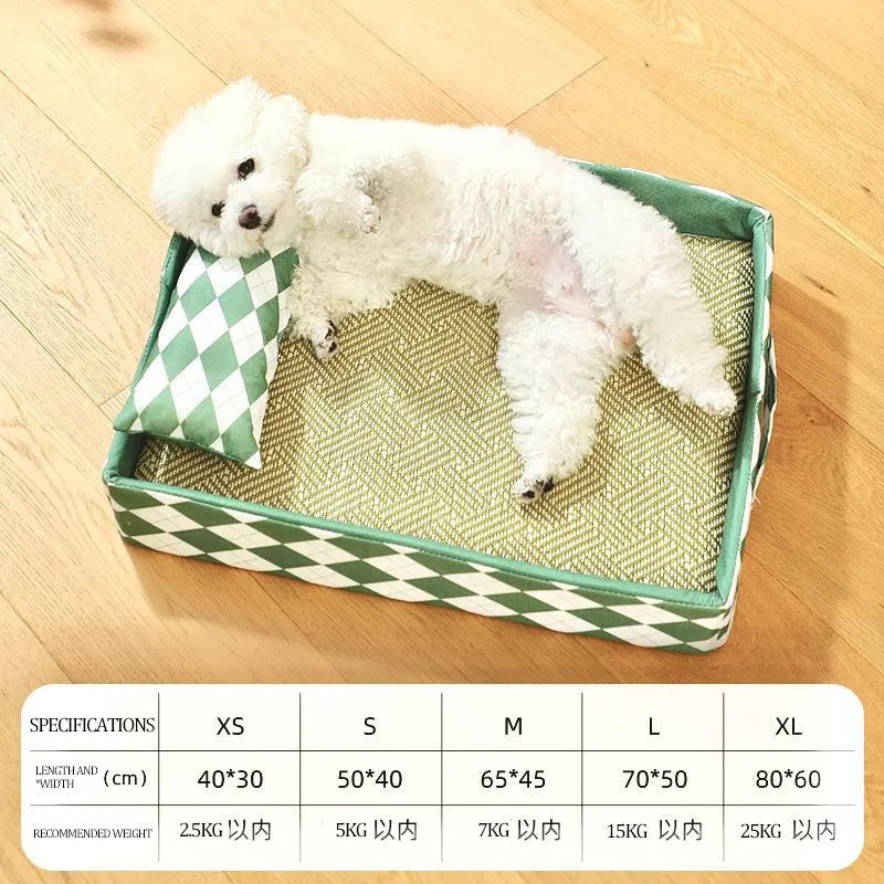 Rattan cat bed and litter mat in blue or green showing textured surface and non-removable base design
