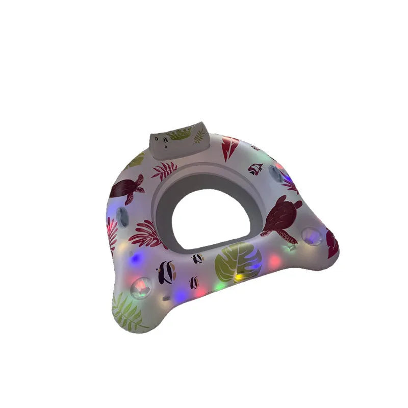 White luminous U-shaped inflatable pool float showing adult seating design on water