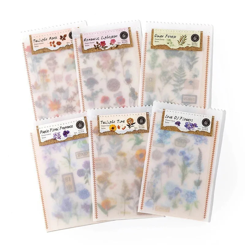 Huazhisen forest art deco sticker pack showing six 85x180mm designs with transfer paper and cotton linen sheets