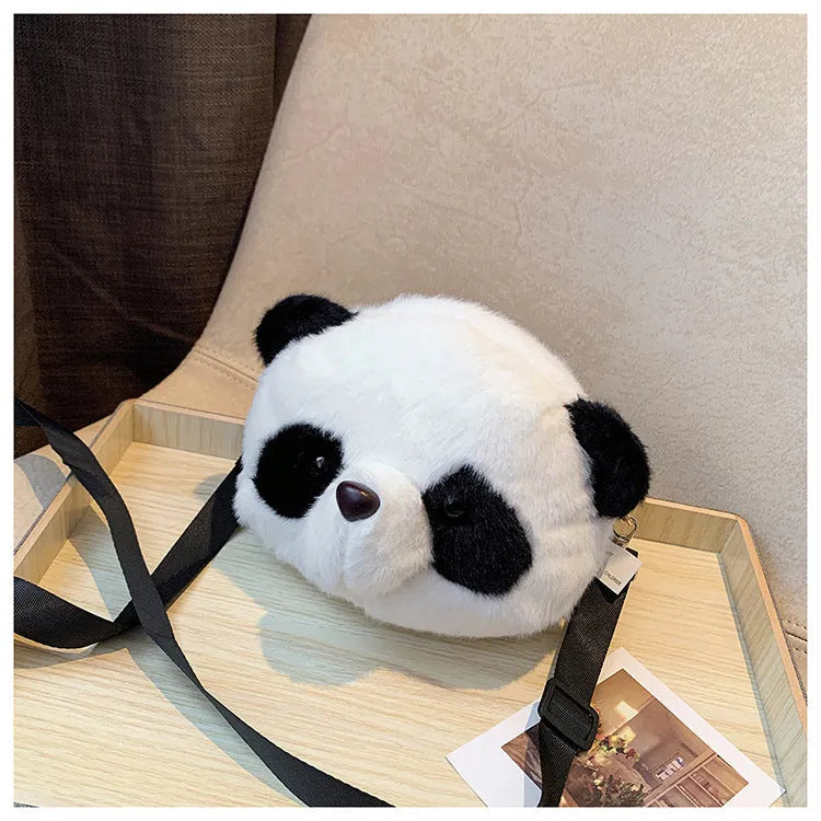 Panda head design plush crossbody bag with cylindrical shape and sandwich pocket