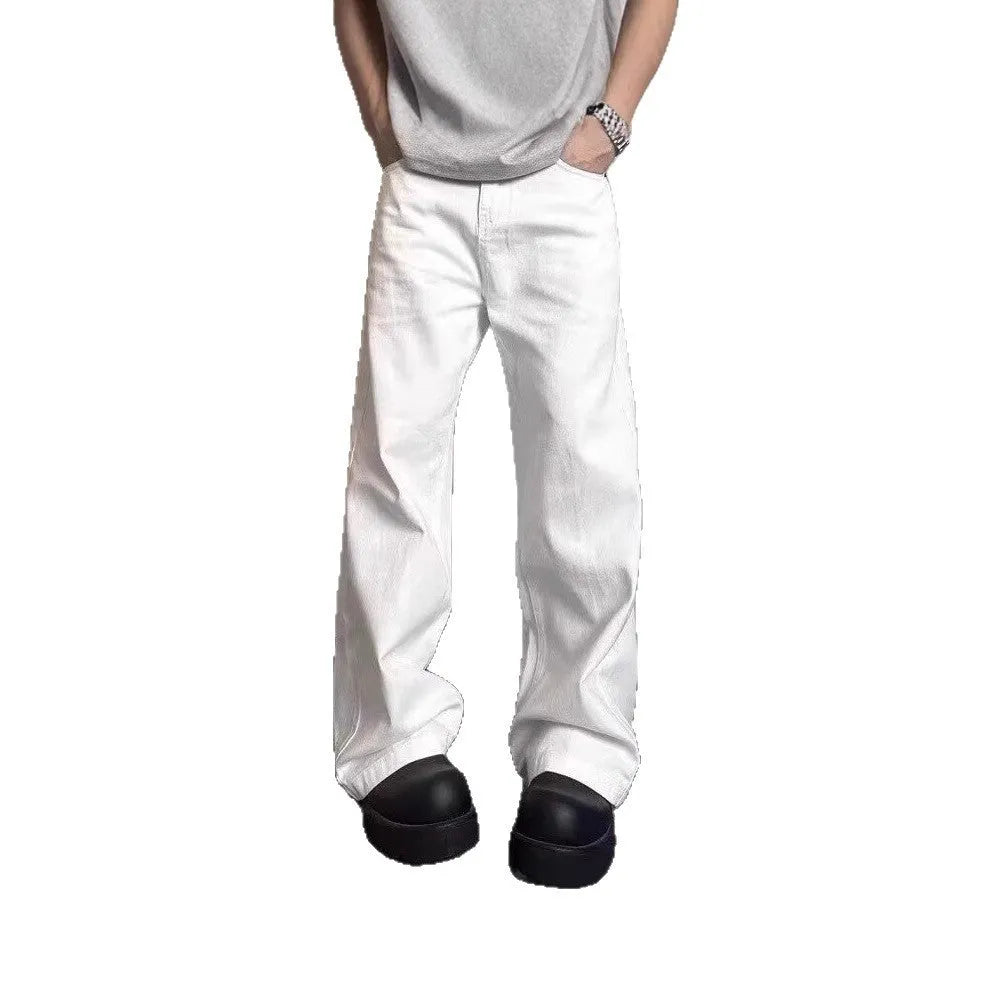 White straight-leg men's jeans with mid waist and zipper fly on mannequin
