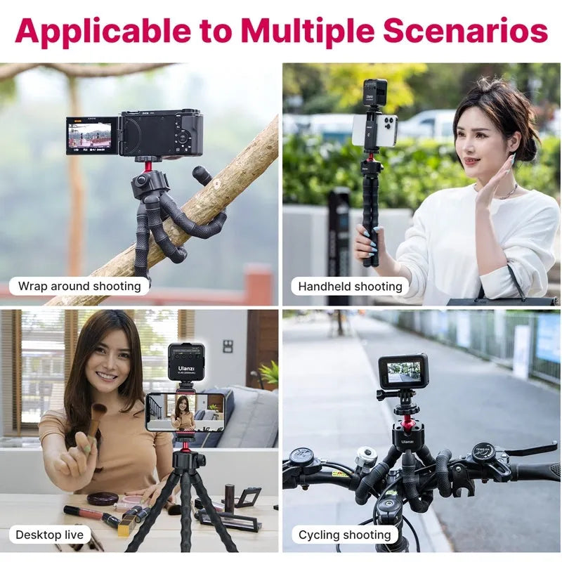 Multifunctional VLOG filming suite with silver aluminium alloy tripod on a table.