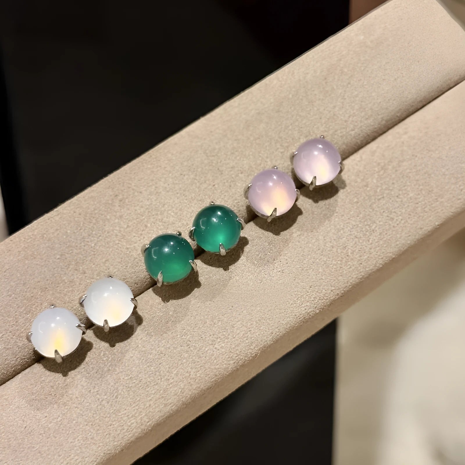 Chinese style chalcedony stud earrings in three colours with round egg surface design