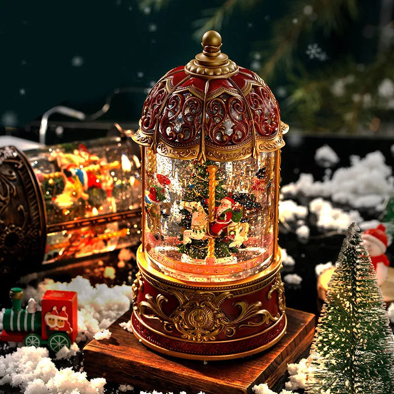 Christmas carousel music box with old man and tree design in carousel bronze or red carousel, plastic American style festive ornament