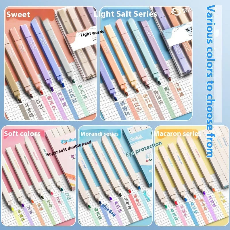 Double-headed fluorescent marker pens showing chisel and bullet tips in mixed colours