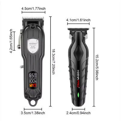 Black professional hair clipper set with aluminium foil shaver, showing LCD display and USB charging port.