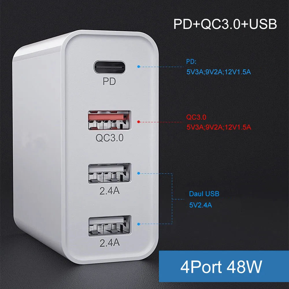 White 4-port fast wall charger with PD, QC, and USB ports on a table