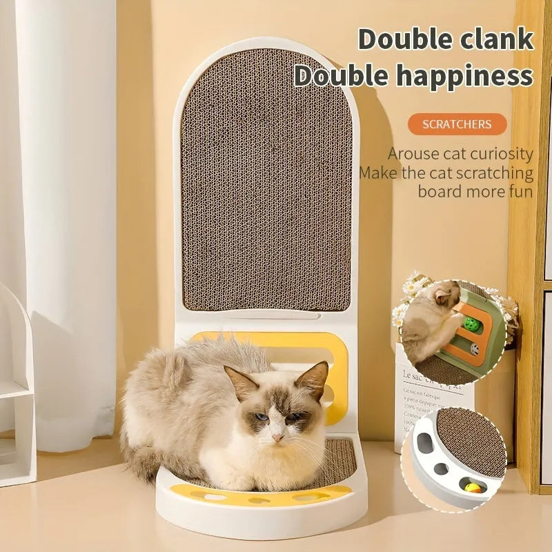 Grey L-shape vertical cat scratching board mounted on a wall for furniture protection.