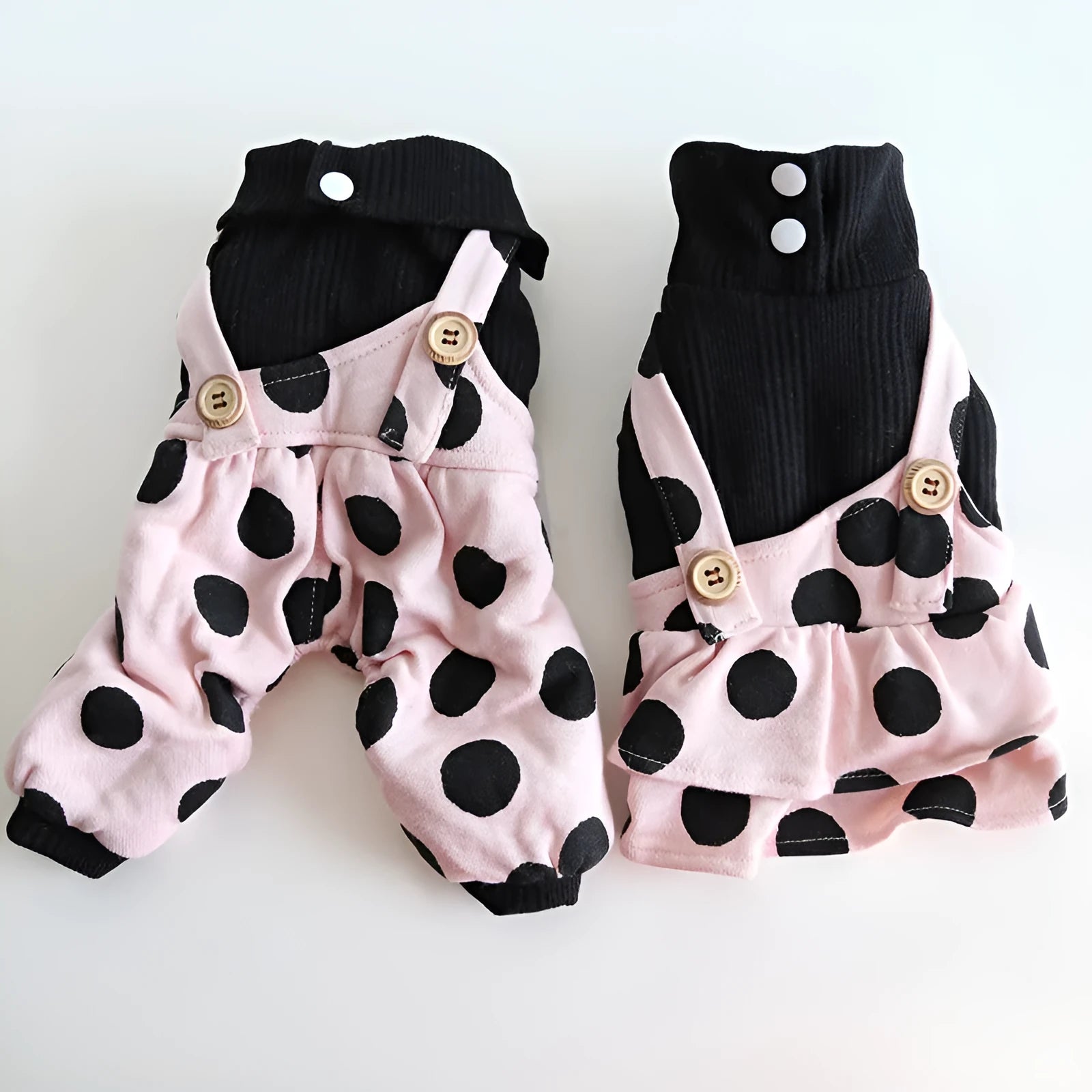 Adjustable shoulder strap dog clothing in cloth fabric with pant and skirt style options