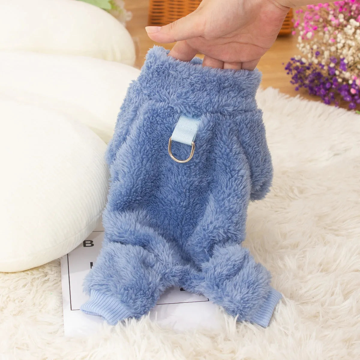 Blue double-sided plush dog clothes with high collar and towing ring for autumn winter wear