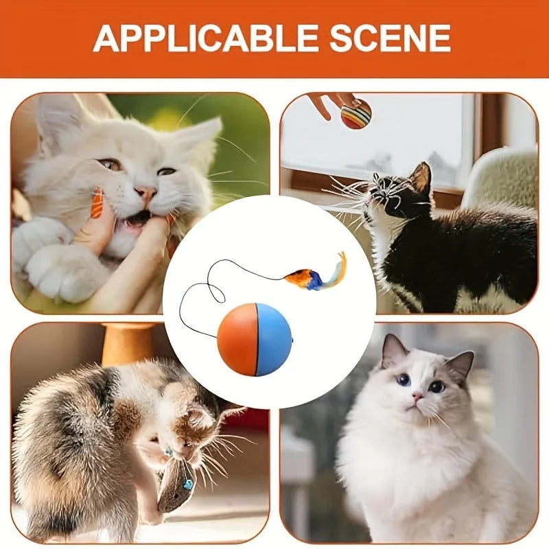 Blue and orange interactive cat toy ball with plush mouse attachment for feline exercise