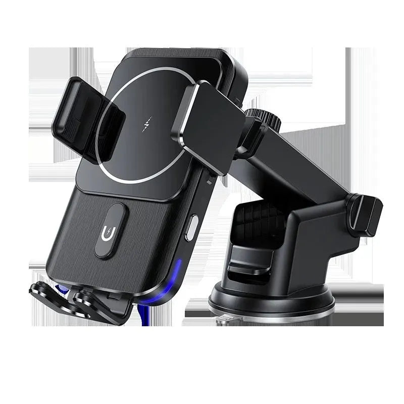 Black car wireless phone charger holder showing both clip and suction cup mounting options.