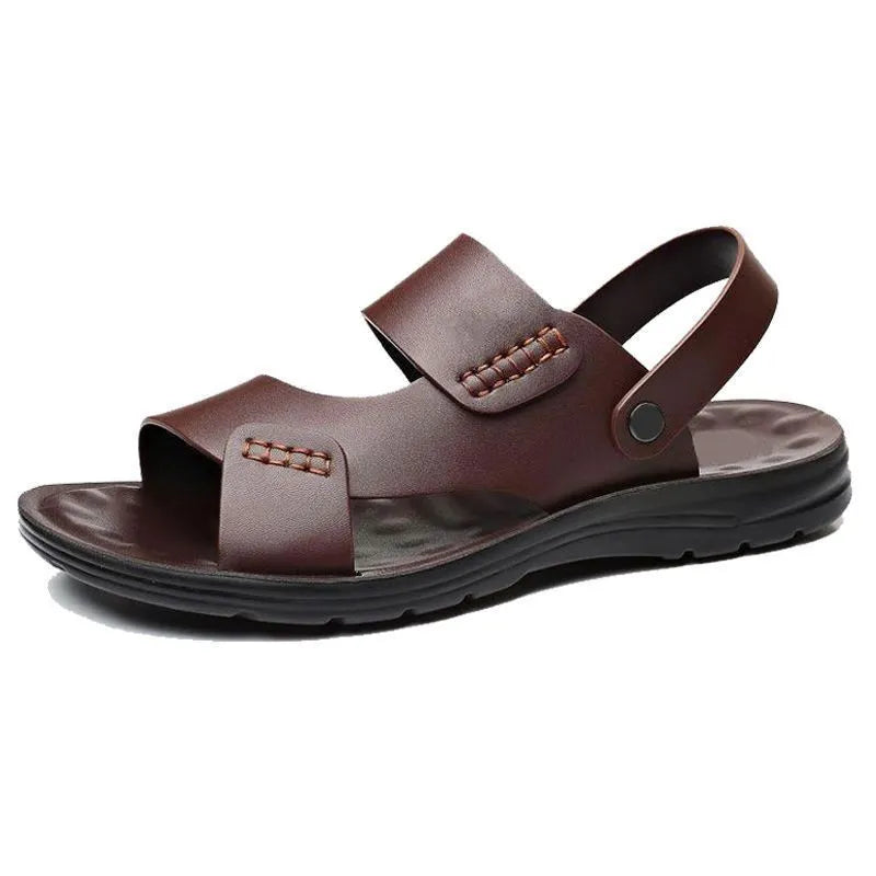 Men's waterproof casual sandals in brown and black with plastic upper, shown on a beach background.