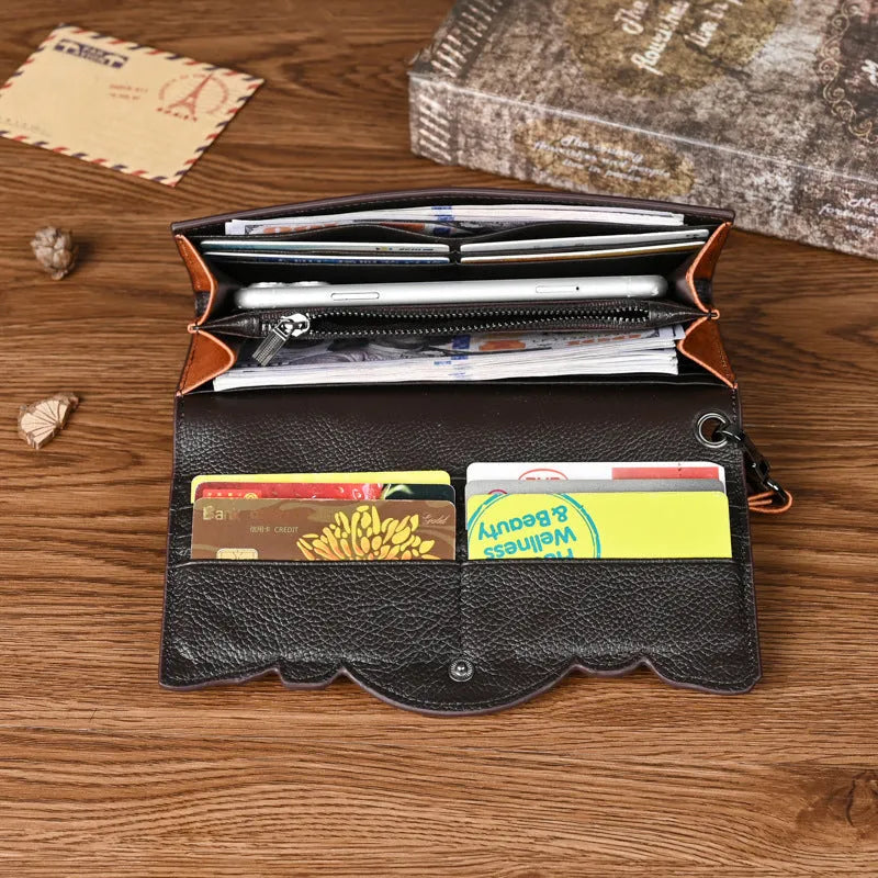 Chinese-style floral embossed tri-fold women's wallet in retro brown cowhide leather