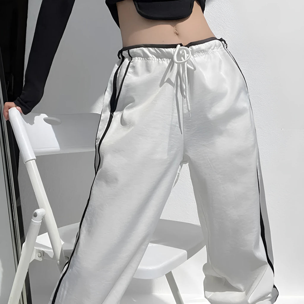 Women's ribbon contrast loose straight trousers in navy blue with low-waist fit and thin fabric