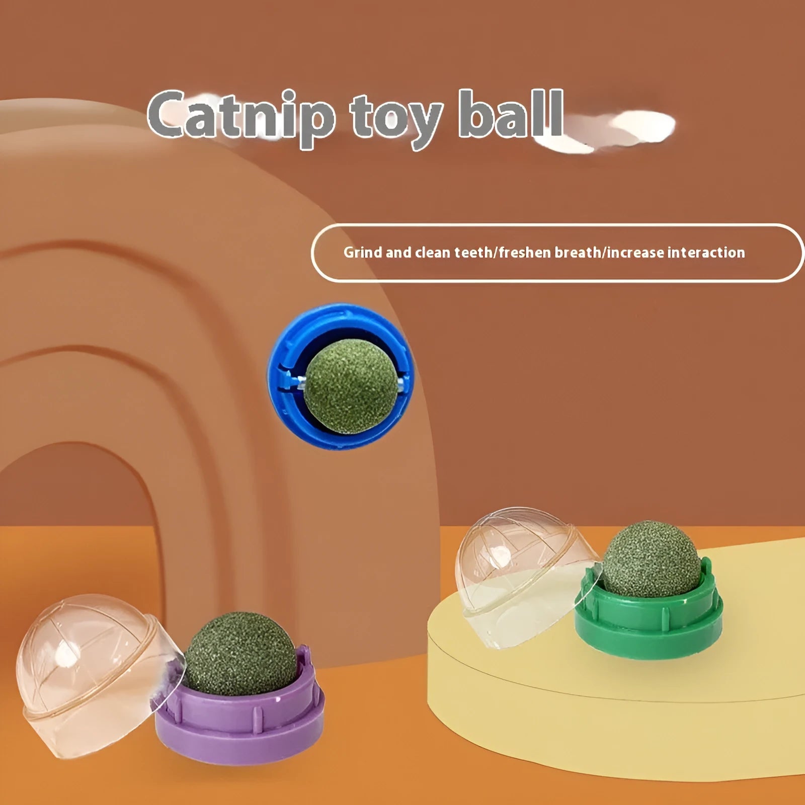 Plastic catnip ball toy in assorted colours including pink, blue, green, purple, grey, and white