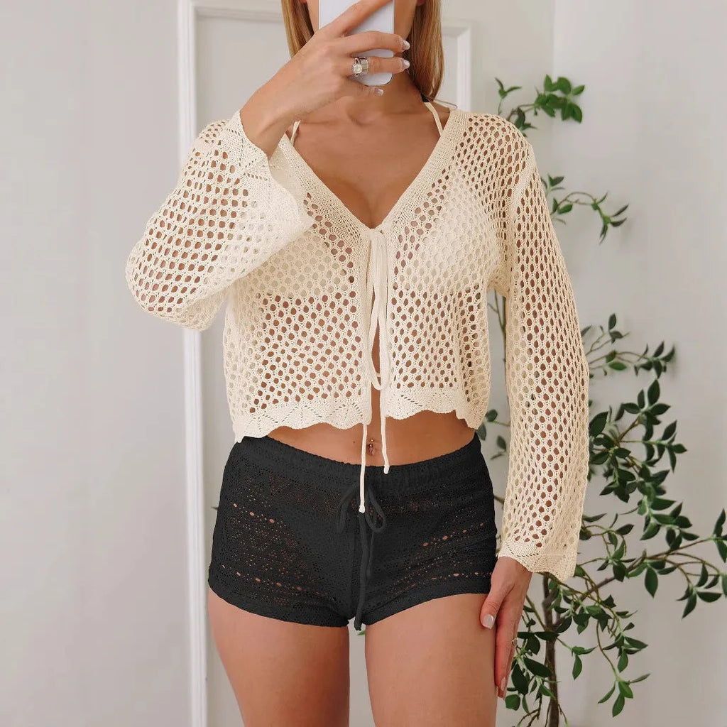 Hollow woven women's cardigan blouse with bell sleeves in imitation cotton fabric