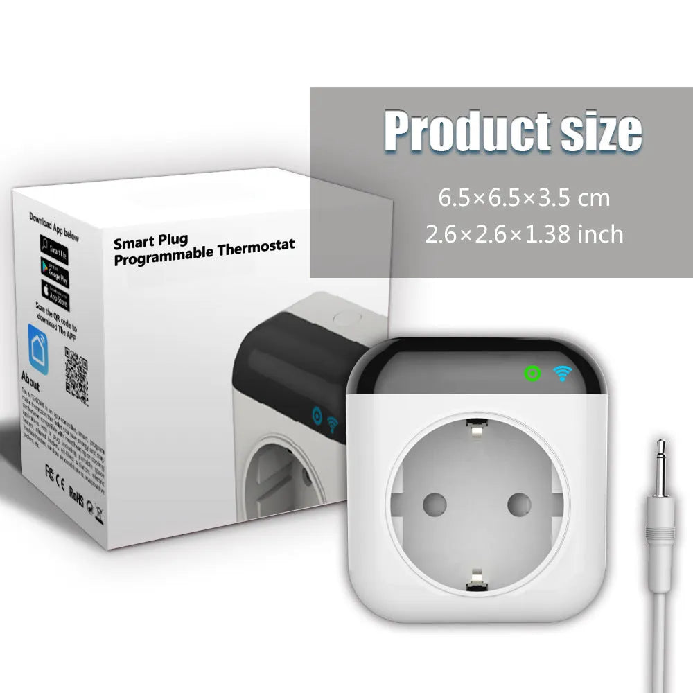 White Tuya smart temperature control socket with three-pin US outlet and temperature sensor probe