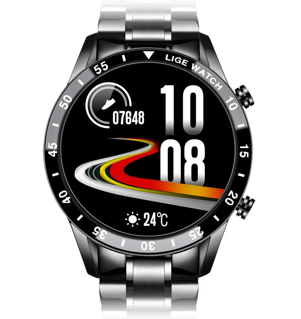 Smart watch with stainless steel band and 1.3-inch touch screen display showing step count