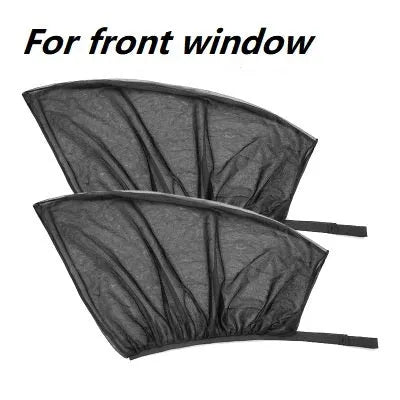 4-piece car side window sunshade set showing non-woven mesh material and elastic strip installation