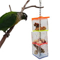 Clear acrylic parrot foraging toy measuring 5cm by 5cm by 32cm with bird treats visible inside
