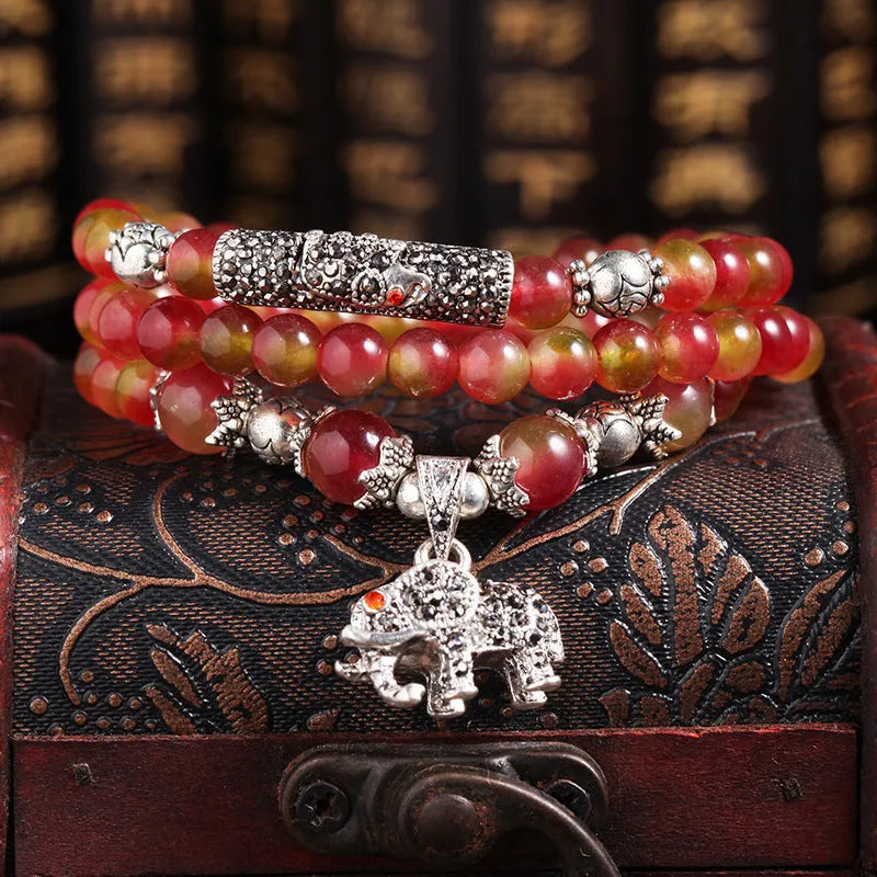 Handmade natural watermelon crystal bracelet with Chinese knot design and geometric beads