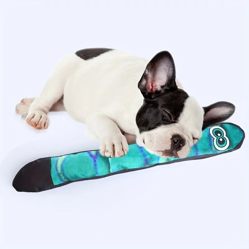 Snake-shaped striped plush dog squeak toy in multicolour, blue, green, and rainbow options.