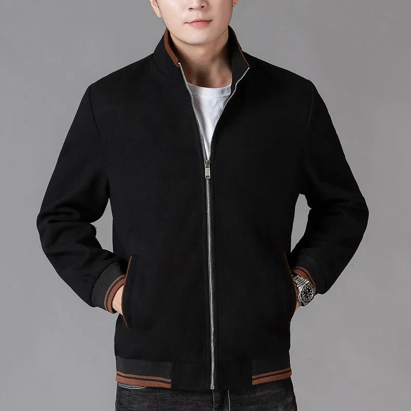 Men's grey woolen fleece sports jacket with long sleeves and a size stick pocket.