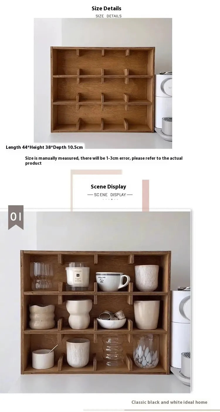 Solid wood multi-layer grid storage rack for cups and glasses in birch meridian colour