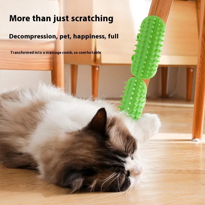 Silicone wall-mounted cat grooming brush with comb teeth and adjustable strap for table legs.