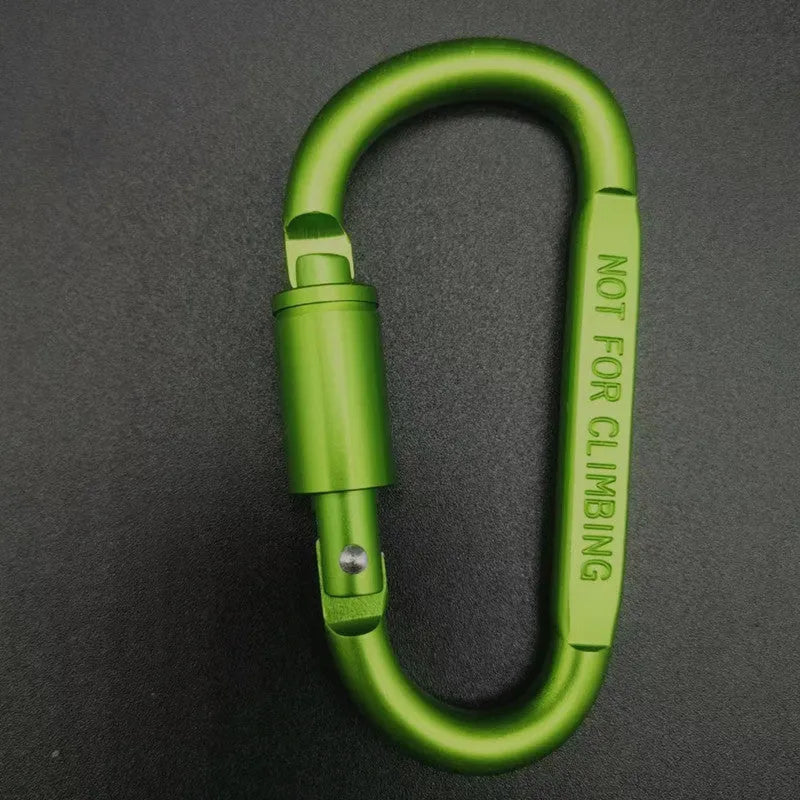Aluminium D-shaped locking climbing carabiner with a flat 8cm design shown in silver.