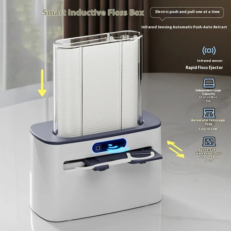 Automatic rechargeable dental floss box in dark grey, gold, and light grey colour options showing pop-up floss mechanism.