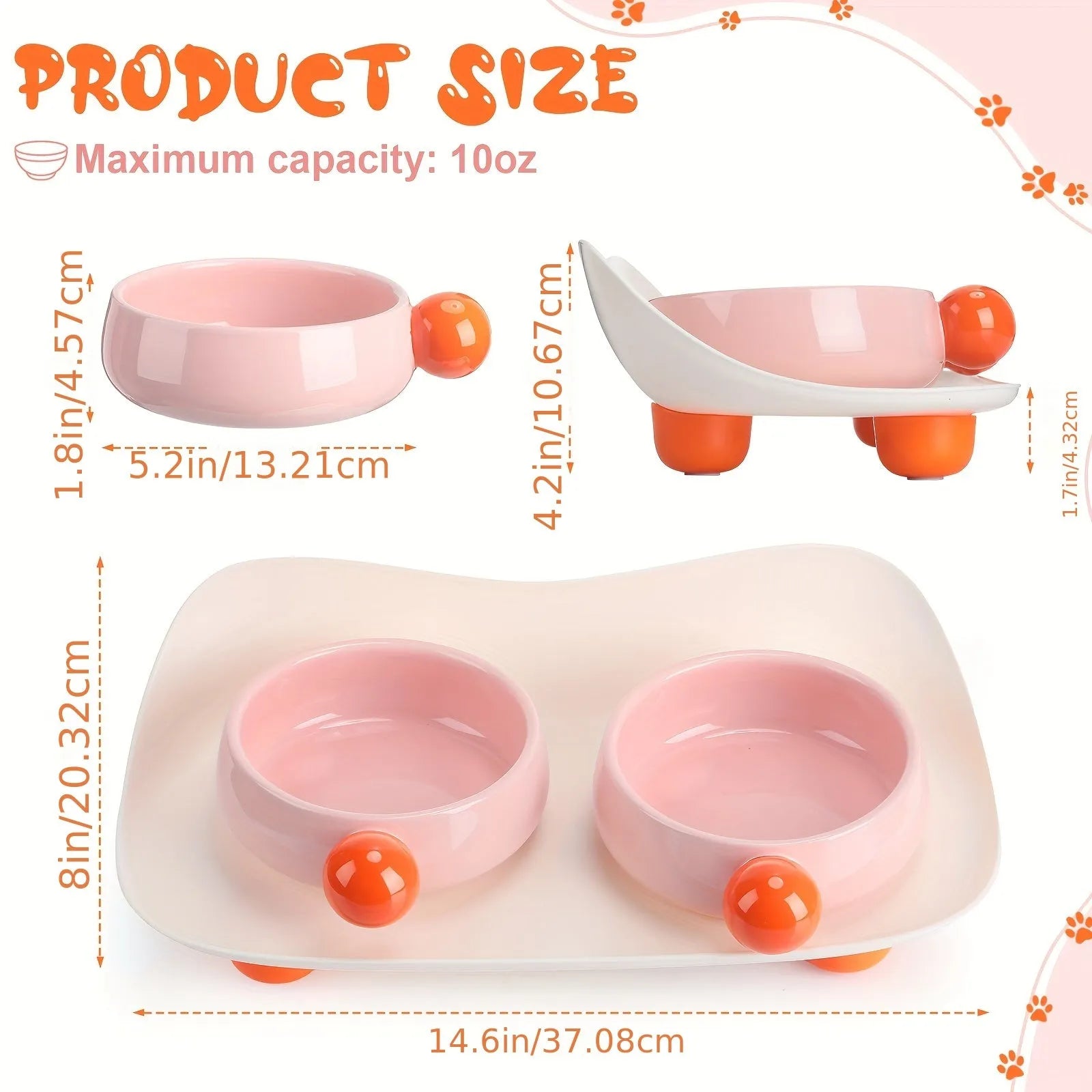 Ceramic double raised feeding bowl set for cats with non-slip support in pink, yellow, or pink yellow colour options