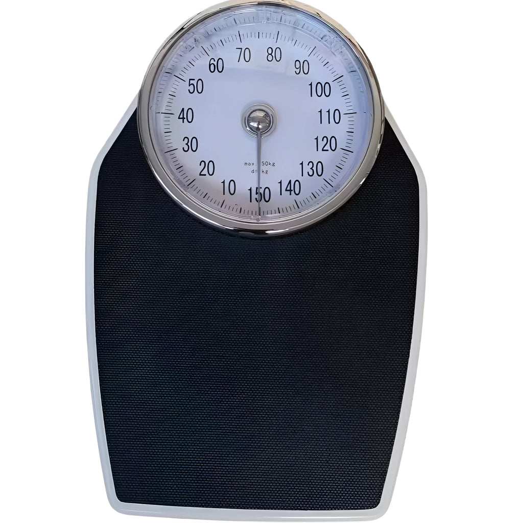 Black mechanical bathroom weight scale with large analogue dial on a simple platform.