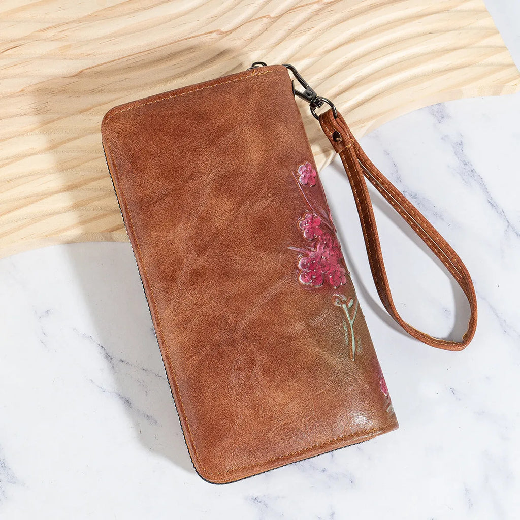 Embossed hand-painted Chinese style zipper handbag with floral pattern in brown PU material